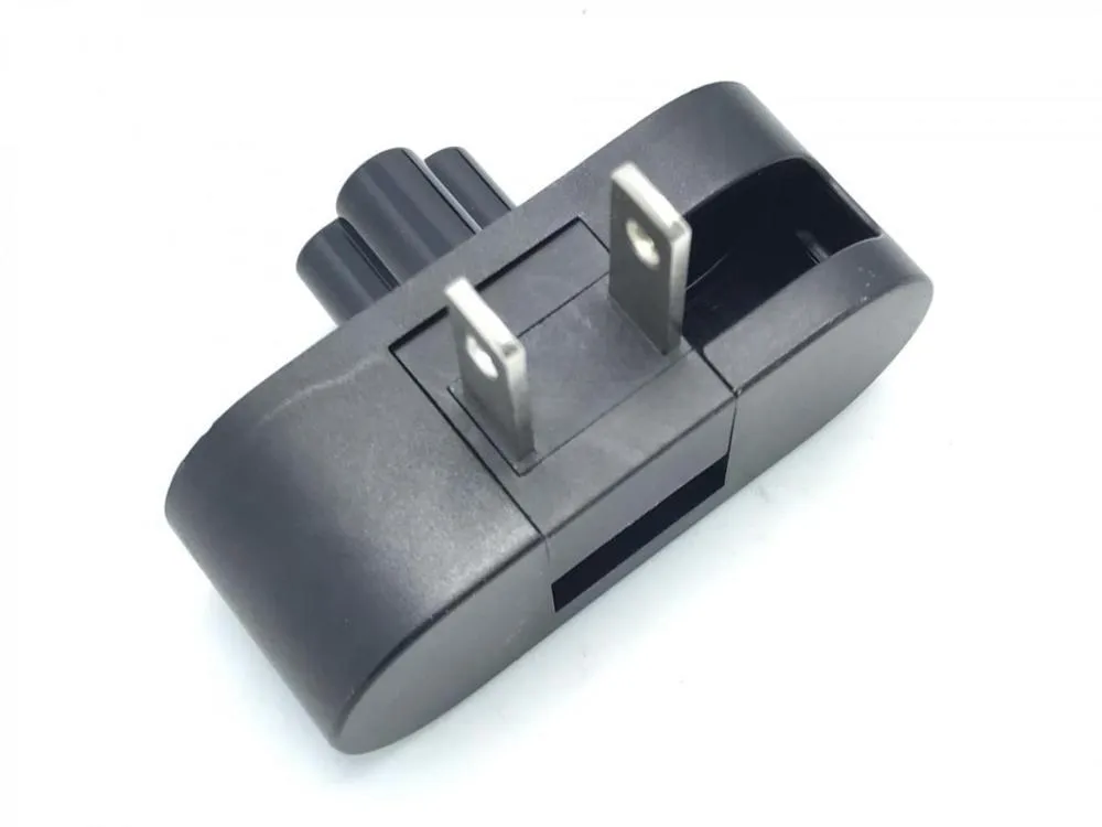 Black folding notebook power plug showing straight and 90-degree angle configurations