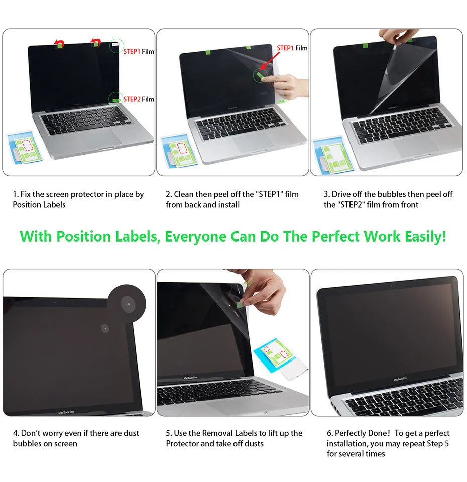 Matte anti-glare screen protector film for 13-inch MacBook Pro with installation tools.
