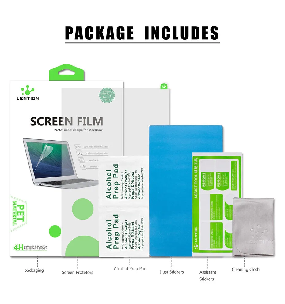 Matte anti-glare screen protector film for 13-inch MacBook Pro with installation tools.