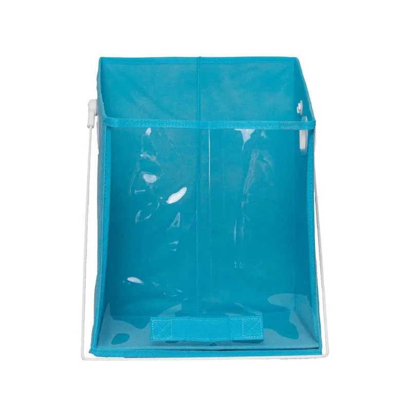 Blue folding detachable storage basket with clear front panel on a shelf
