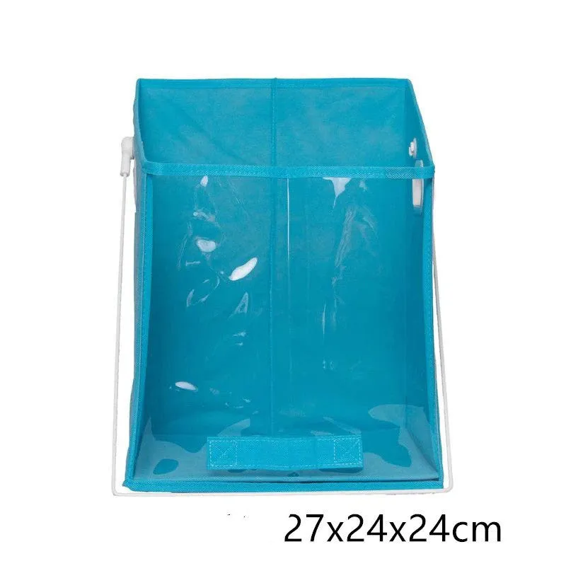 Blue folding detachable storage basket with clear front panel on a shelf