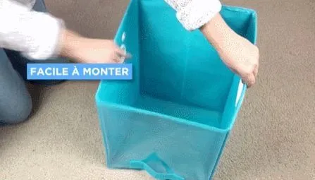 Blue folding detachable storage basket with clear front panel on a shelf