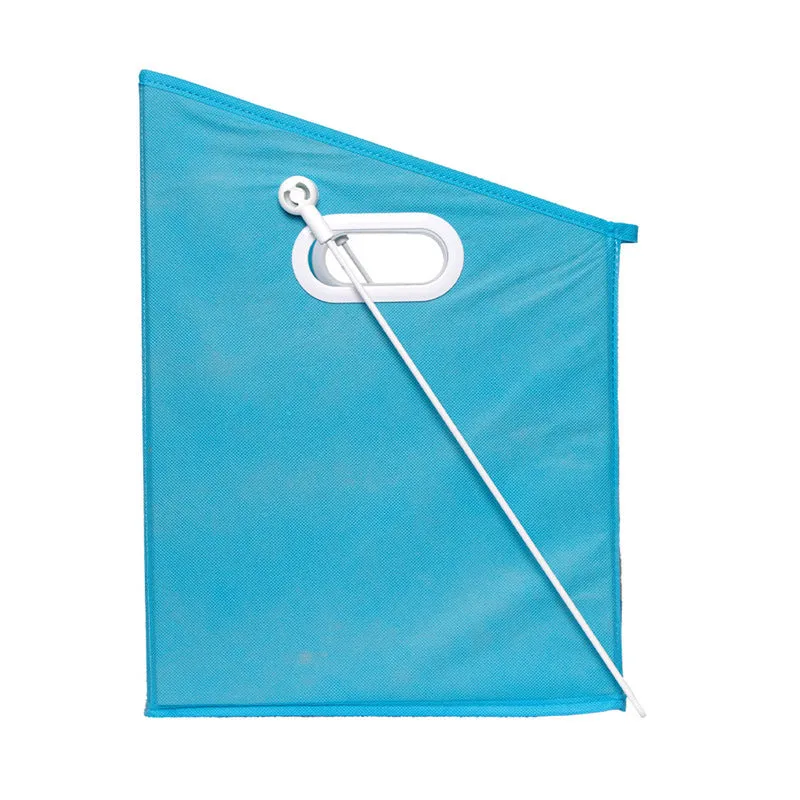 Blue folding detachable storage basket with clear front panel on a shelf