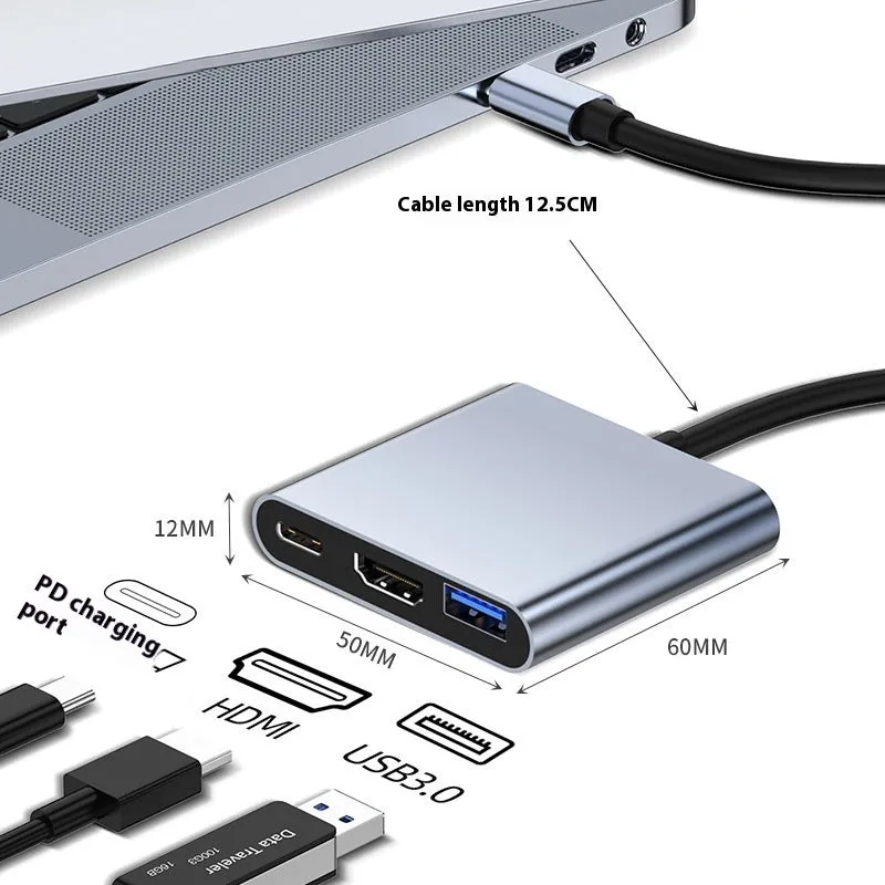 Silver USB-C 7-in-1 expansion dock with HDMI, USB ports, card slots, Ethernet, and a 15 cm cable.