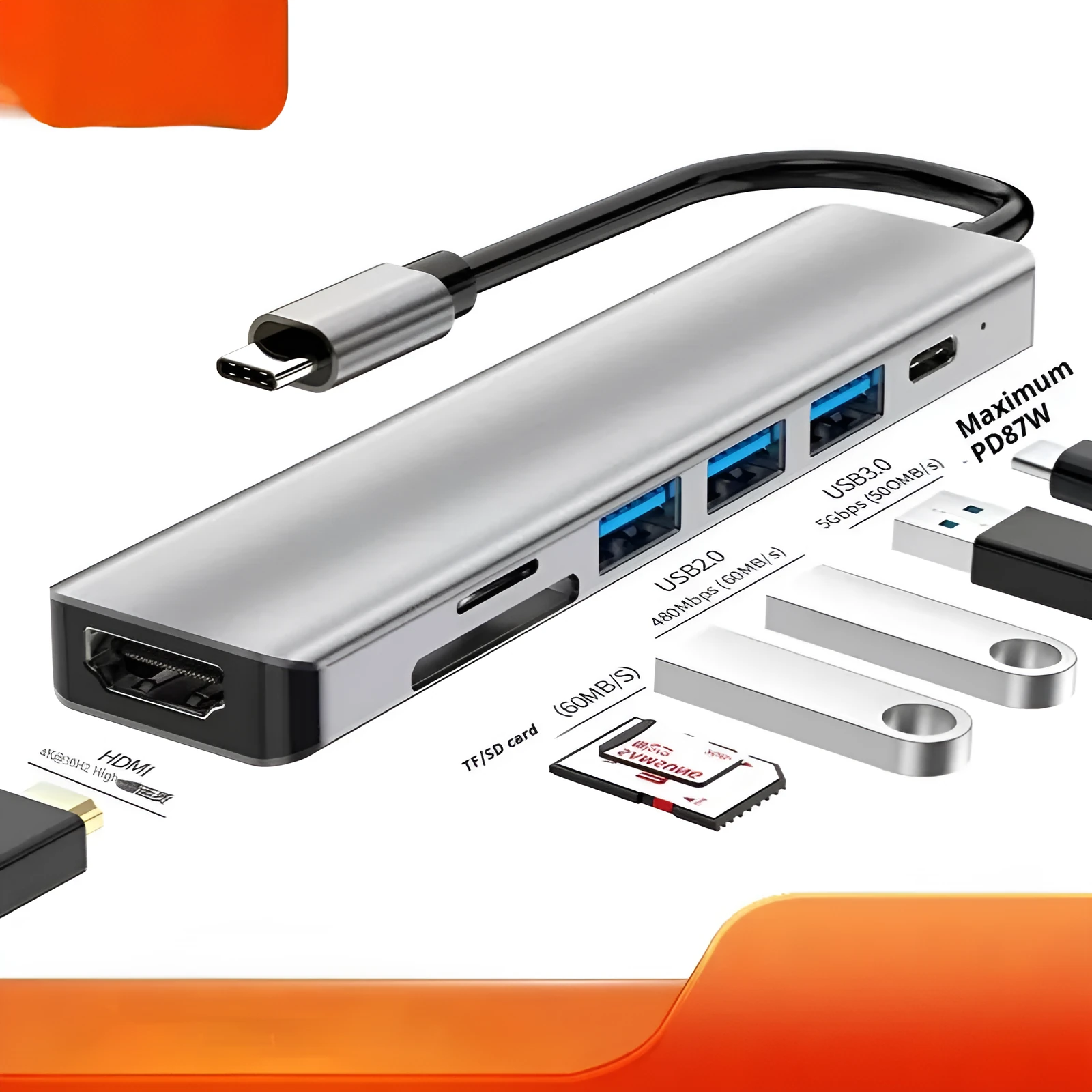 Silver USB-C 7-in-1 expansion dock with HDMI, USB ports, card slots, Ethernet, and a 15 cm cable.