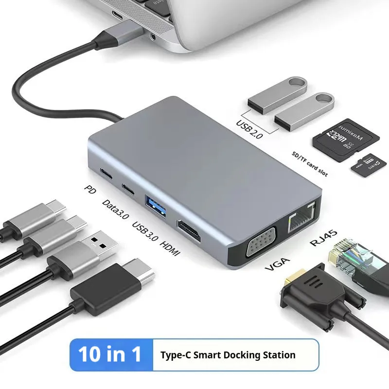 Silver USB-C 7-in-1 expansion dock with HDMI, USB ports, card slots, Ethernet, and a 15 cm cable.