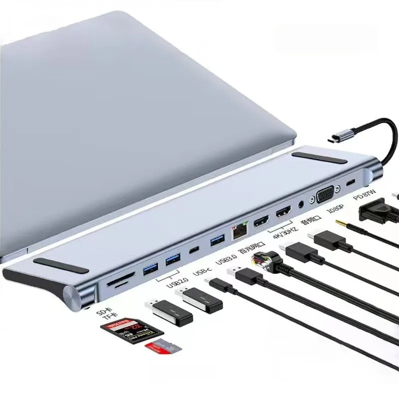 Silver USB-C 7-in-1 expansion dock with HDMI, USB ports, card slots, Ethernet, and a 15 cm cable.
