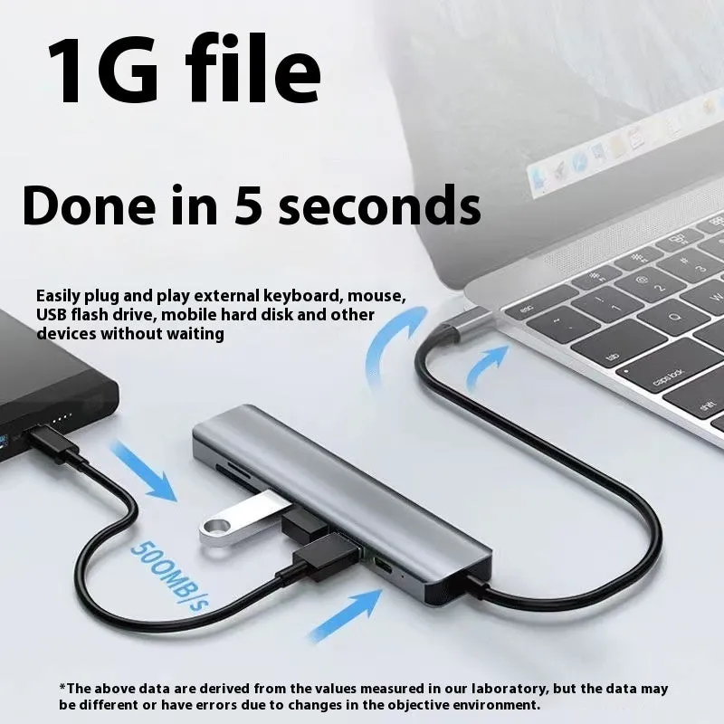 Silver USB-C 7-in-1 expansion dock with HDMI, USB ports, card slots, Ethernet, and a 15 cm cable.