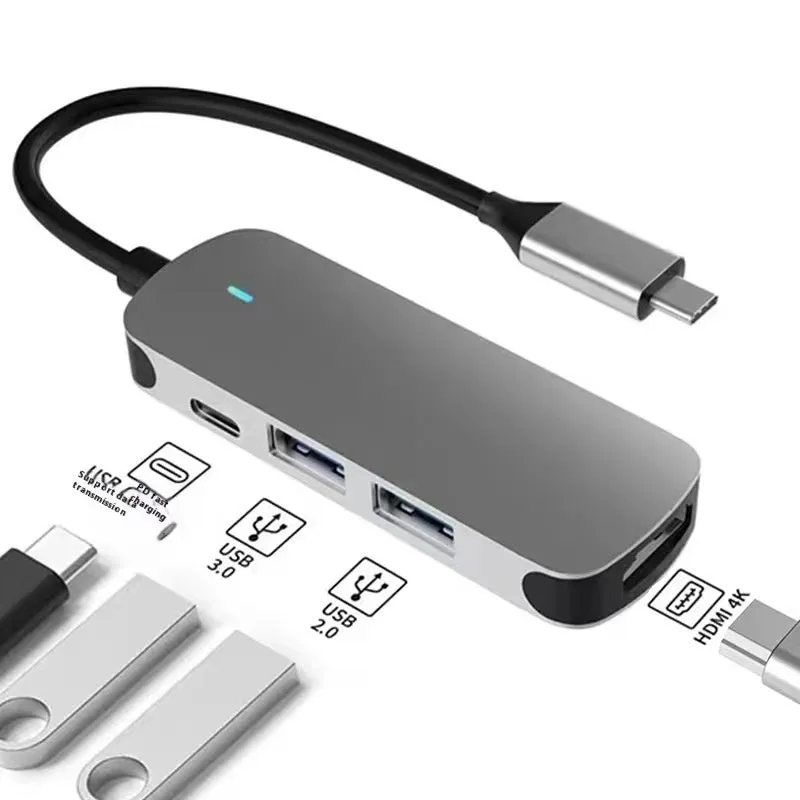 Silver USB-C 7-in-1 expansion dock with HDMI, USB ports, card slots, Ethernet, and a 15 cm cable.