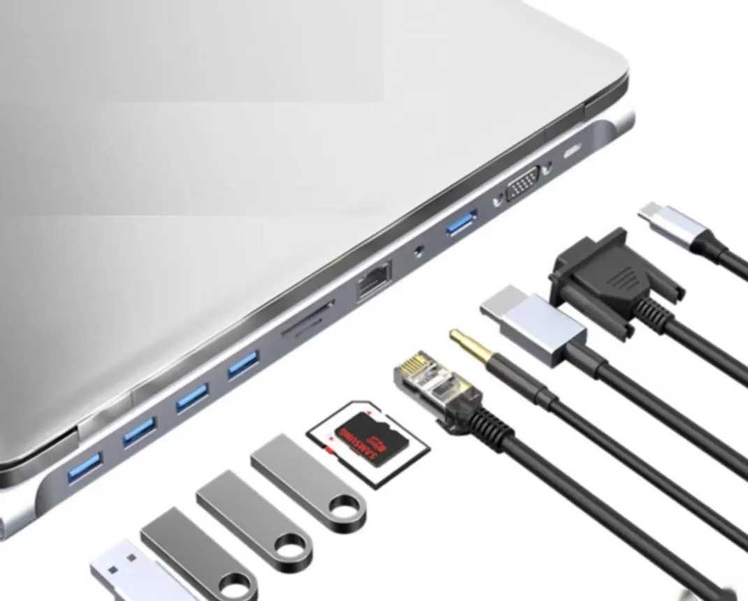 Silver USB-C 7-in-1 expansion dock with HDMI, USB ports, card slots, Ethernet, and a 15 cm cable.
