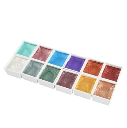 Solid watercolour paint set with pearl finish showing 12 and 24 colour options.