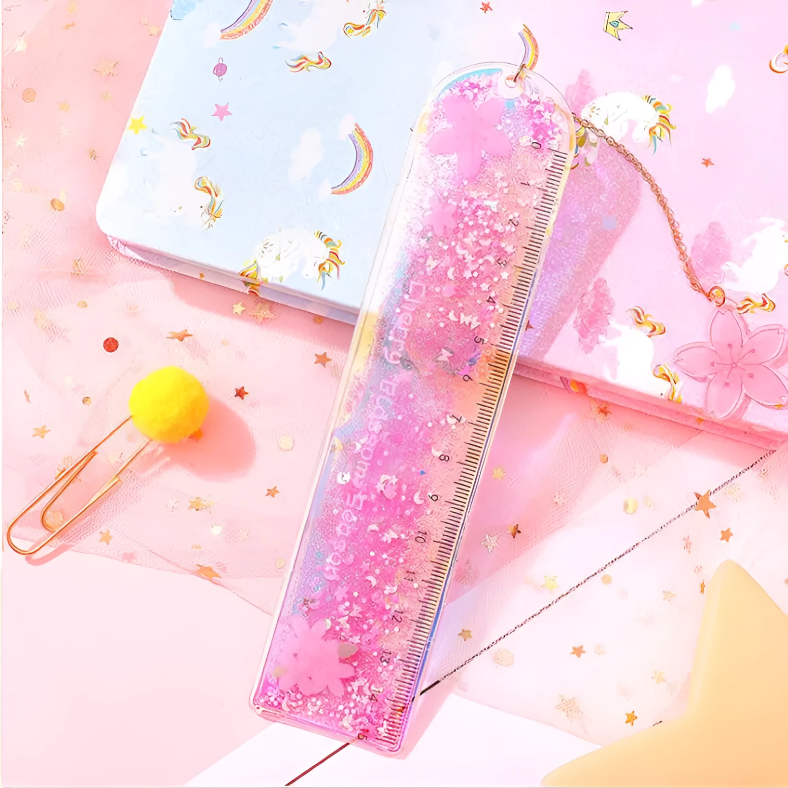 15cm clear plastic ruler with laser-cut heart design, shown in pink Cherry Blossom colour on white background.