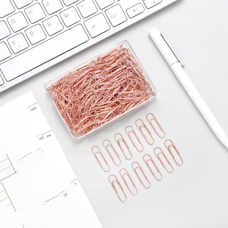 Rose gold heart-shaped paper clips with steel core construction measuring 28mm each