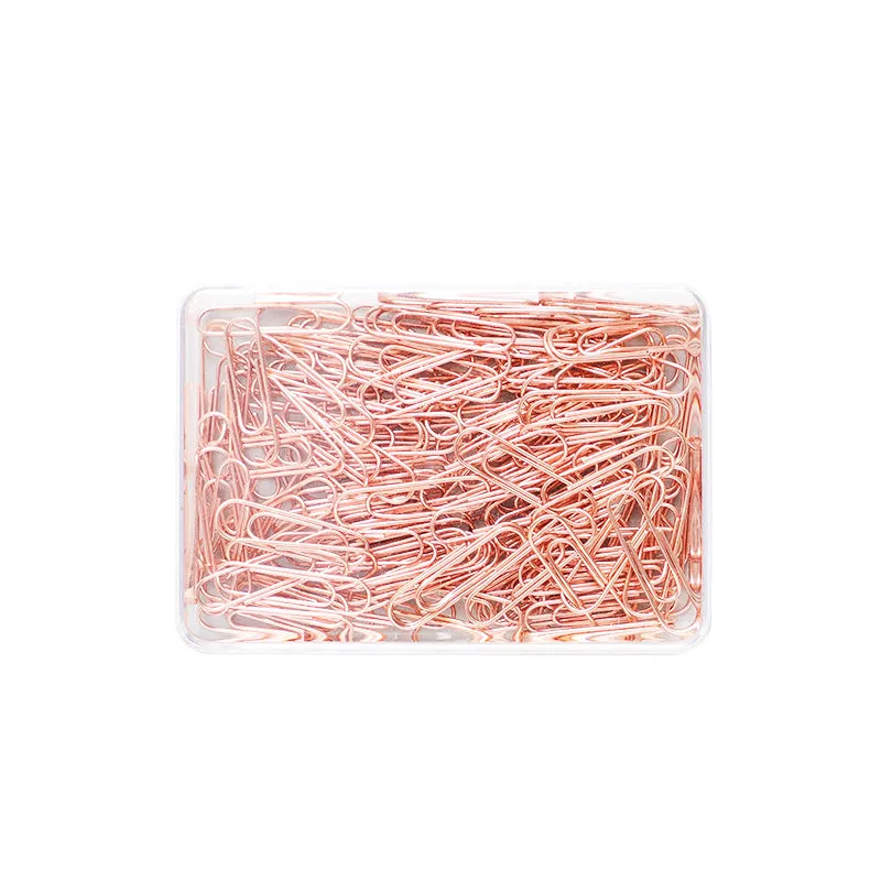 Rose gold heart-shaped paper clips with steel core construction measuring 28mm each