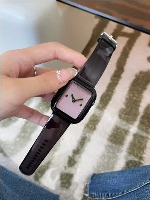 Brown transparent compatible Apple Watch replacement strap shown next to size options for 38mm to 45mm iWatch models.