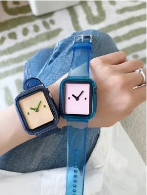 Brown transparent compatible Apple Watch replacement strap shown next to size options for 38mm to 45mm iWatch models.