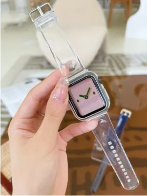 Brown transparent compatible Apple Watch replacement strap shown next to size options for 38mm to 45mm iWatch models.
