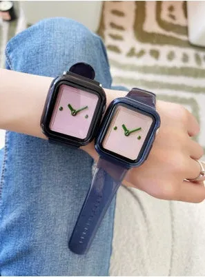 Brown transparent compatible Apple Watch replacement strap shown next to size options for 38mm to 45mm iWatch models.