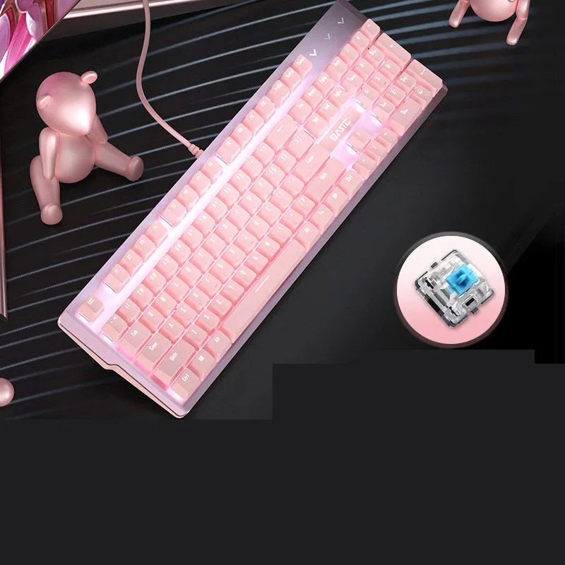 Pink mechanical keyboard with 104 keys showing USB cable and mechanical switch options