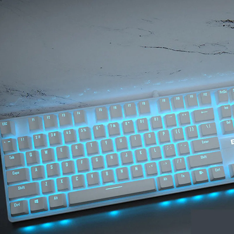 Pink mechanical keyboard with 104 keys showing USB cable and mechanical switch options