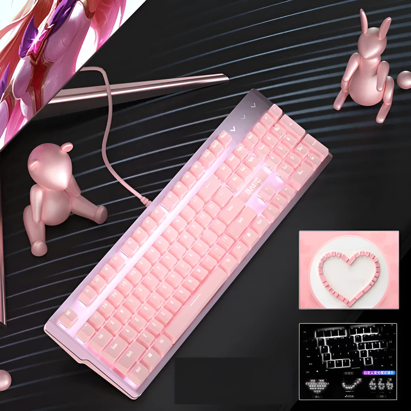 Pink mechanical keyboard with 104 keys showing USB cable and mechanical switch options