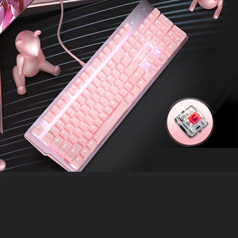 Pink mechanical keyboard with 104 keys showing USB cable and mechanical switch options