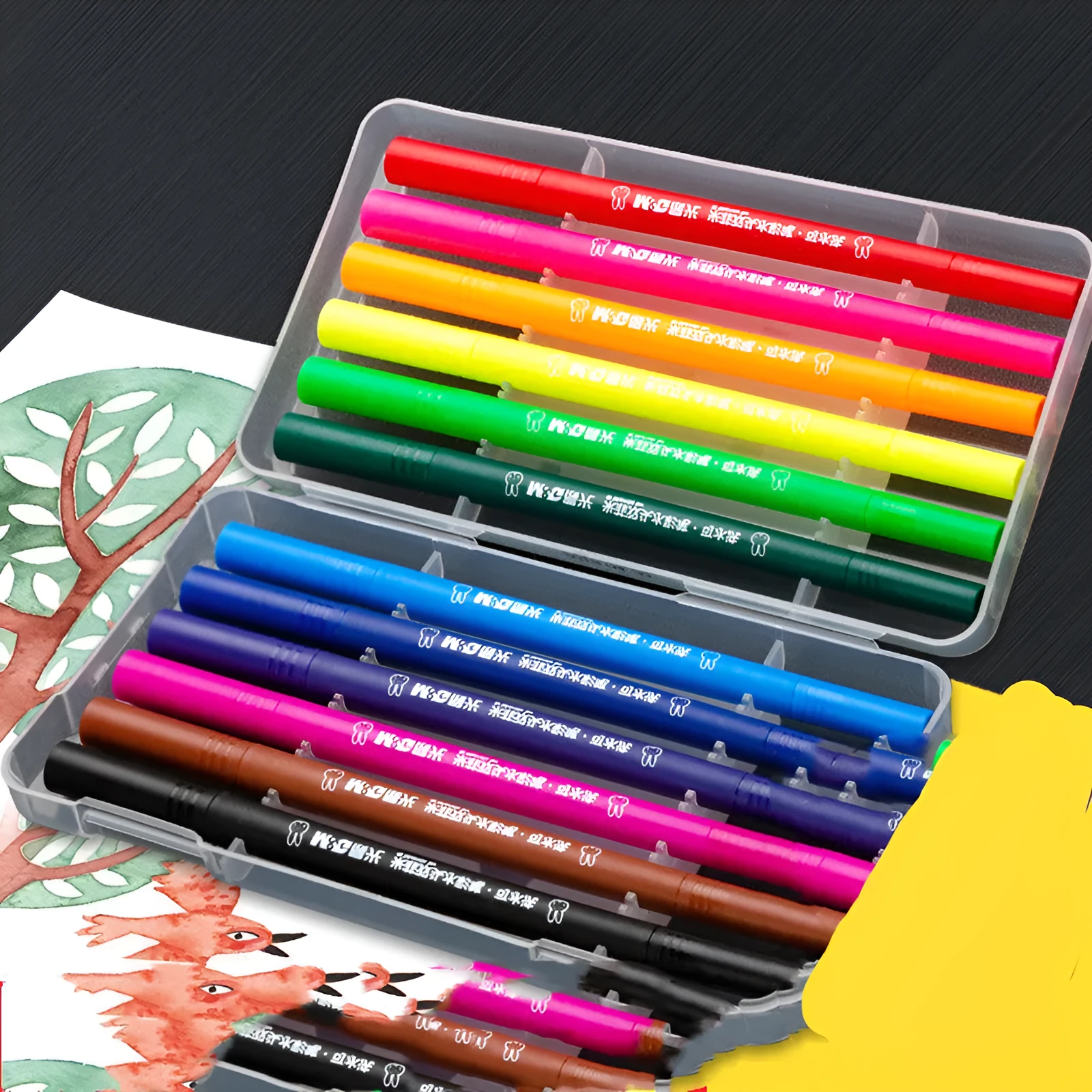 Double-ended watercolour pen set with soft brush head and fine point tip alongside drawing book