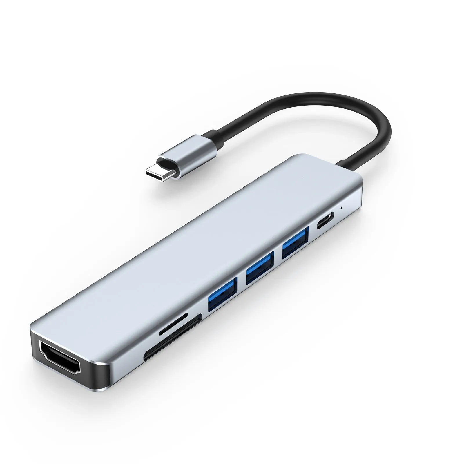 Seven-port USB expander with a short Type-C cable connected to a laptop.