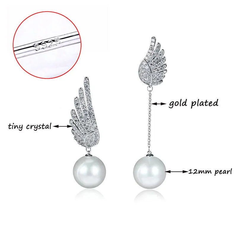 Silver angel wing earrings with diamond treatment and gold-plated gemstone accents