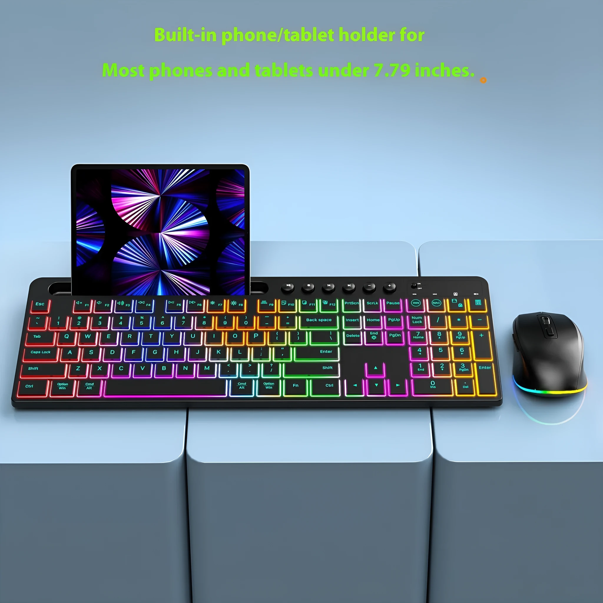 Wireless keyboard and mouse combo set with luminous keys and integrated card slot