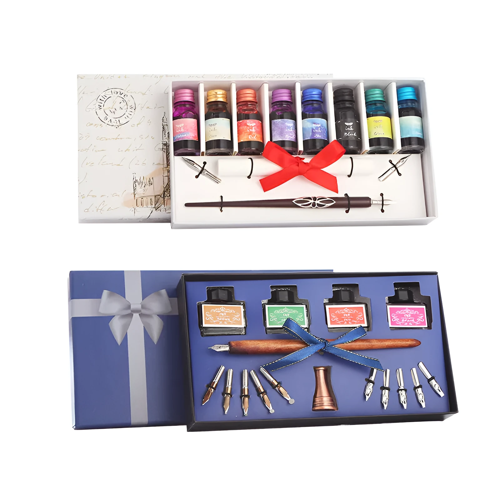 Wooden dip pen and ink calligraphy gift set with coloured ink bottles in a wooden box