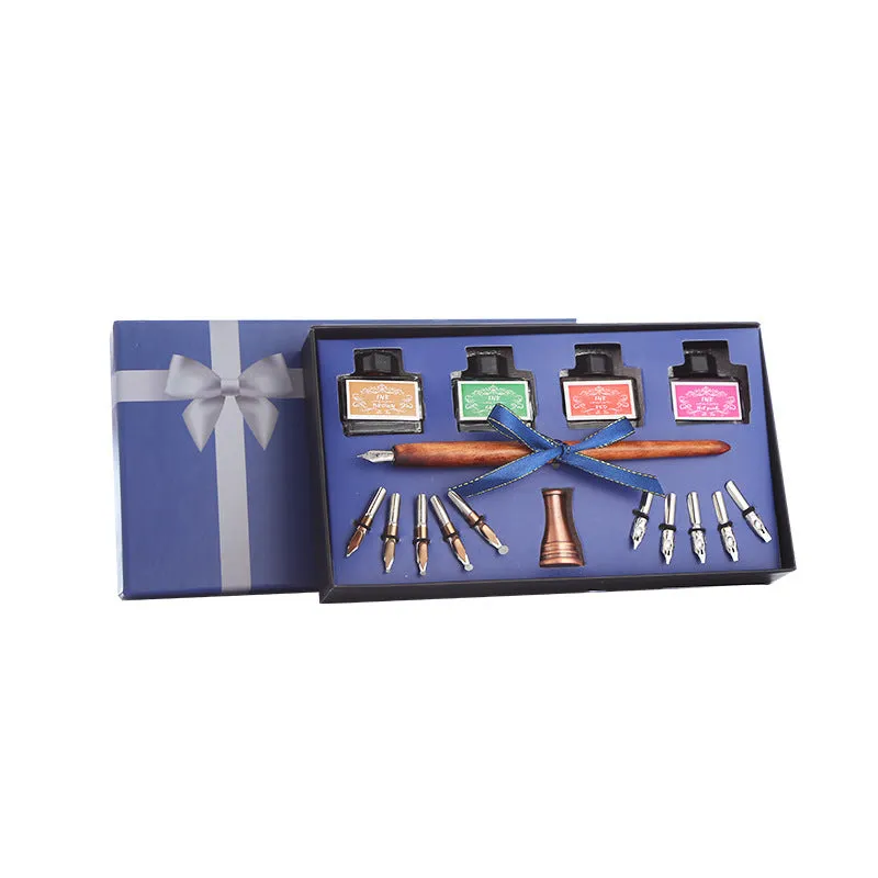 Wooden dip pen and ink calligraphy gift set with coloured ink bottles in a wooden box