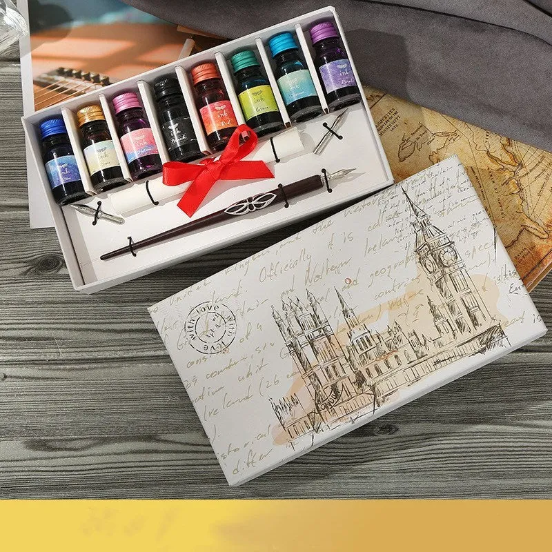 Wooden dip pen and ink calligraphy gift set with coloured ink bottles in a wooden box