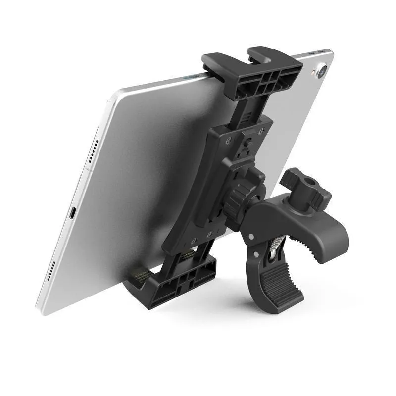 Black ABS plastic bicycle handlebar mount for mobile phones and tablets.