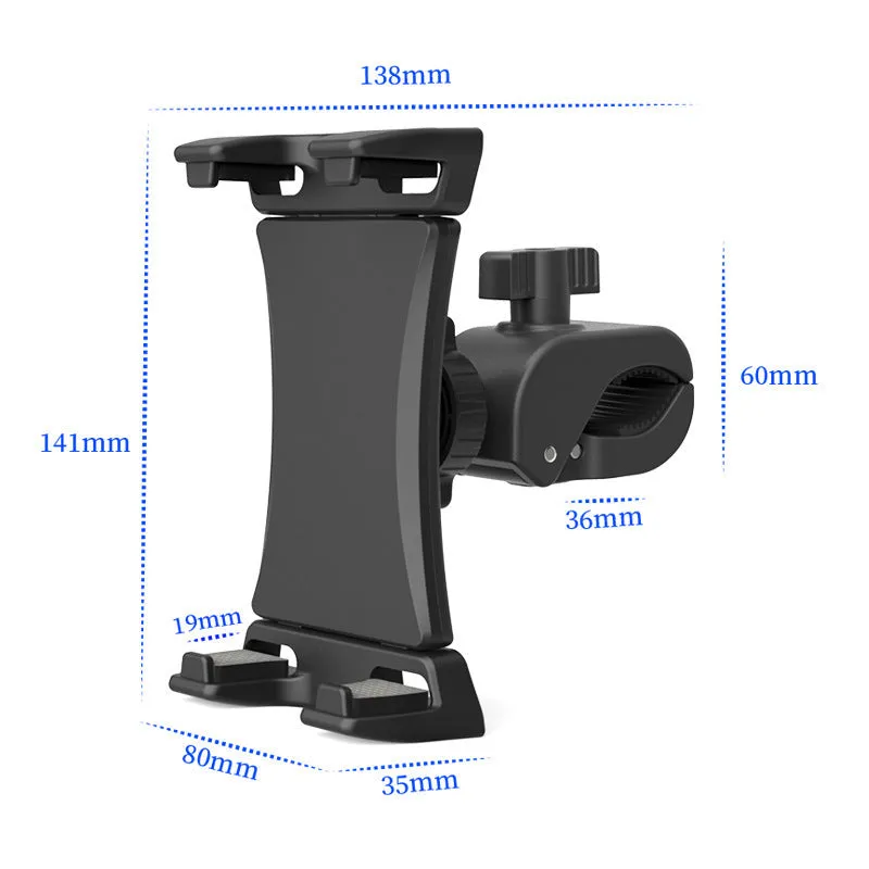 Black ABS plastic bicycle handlebar mount for mobile phones and tablets.