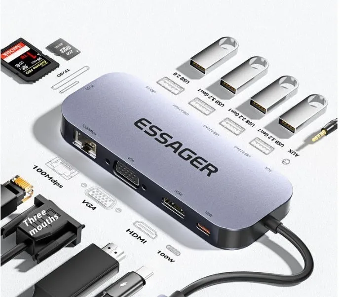 11-in-1 USB-C expansion dock with Gigabit Ethernet port, HDMI, USB ports, and card readers