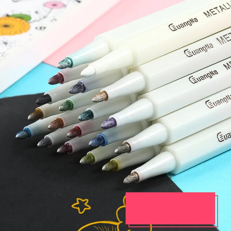 Boxed set of coloured metallic pens with plastic shells for office and stationery use.