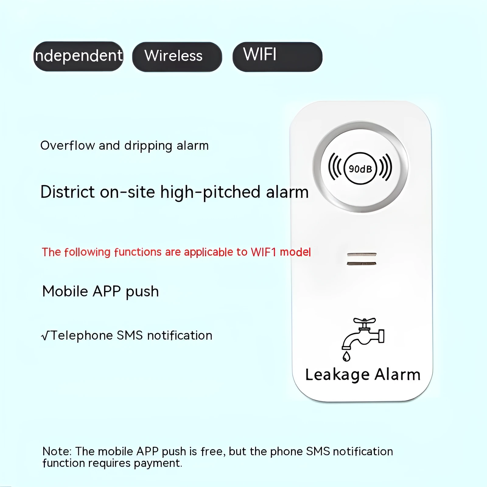 Compact independent flood sensor alarm unit for wireless water detection in properties