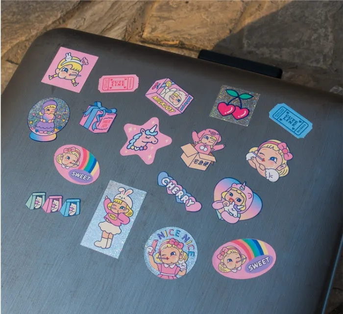 Korean-style cartoon PVC sticker set with 16 square designs and storage box for DIY decoration