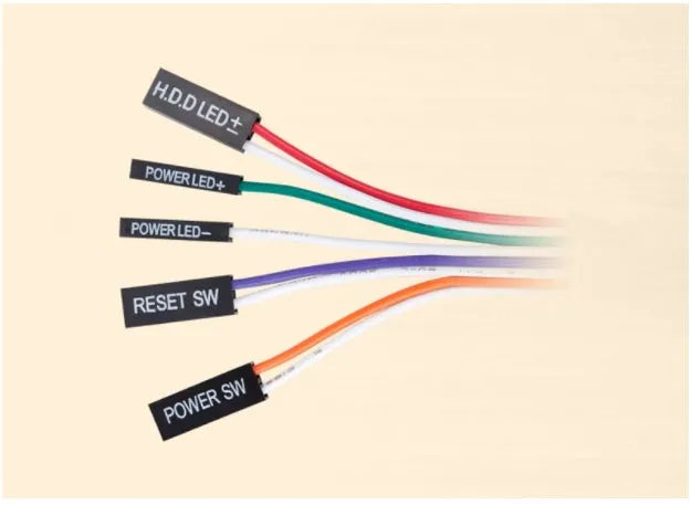 Black and red desktop computer switch box with on/off button, reset button and 1.6 metre cable