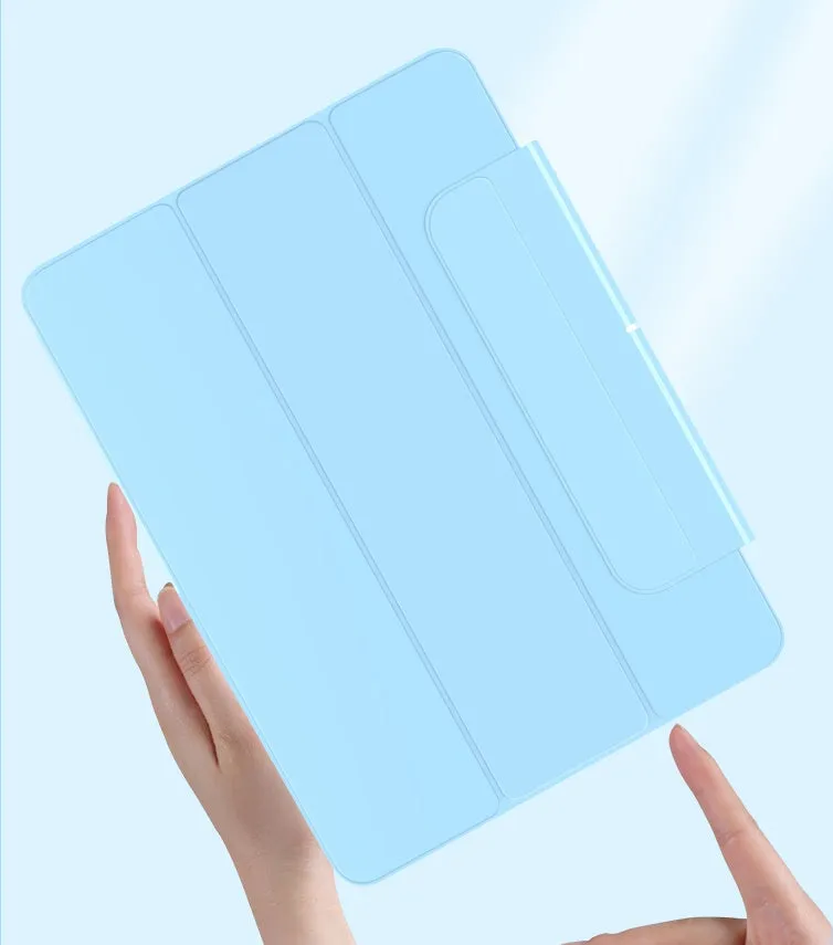 Magnetic iPad protective case in multiple colours showing retractable drawer for Apple Pencil.