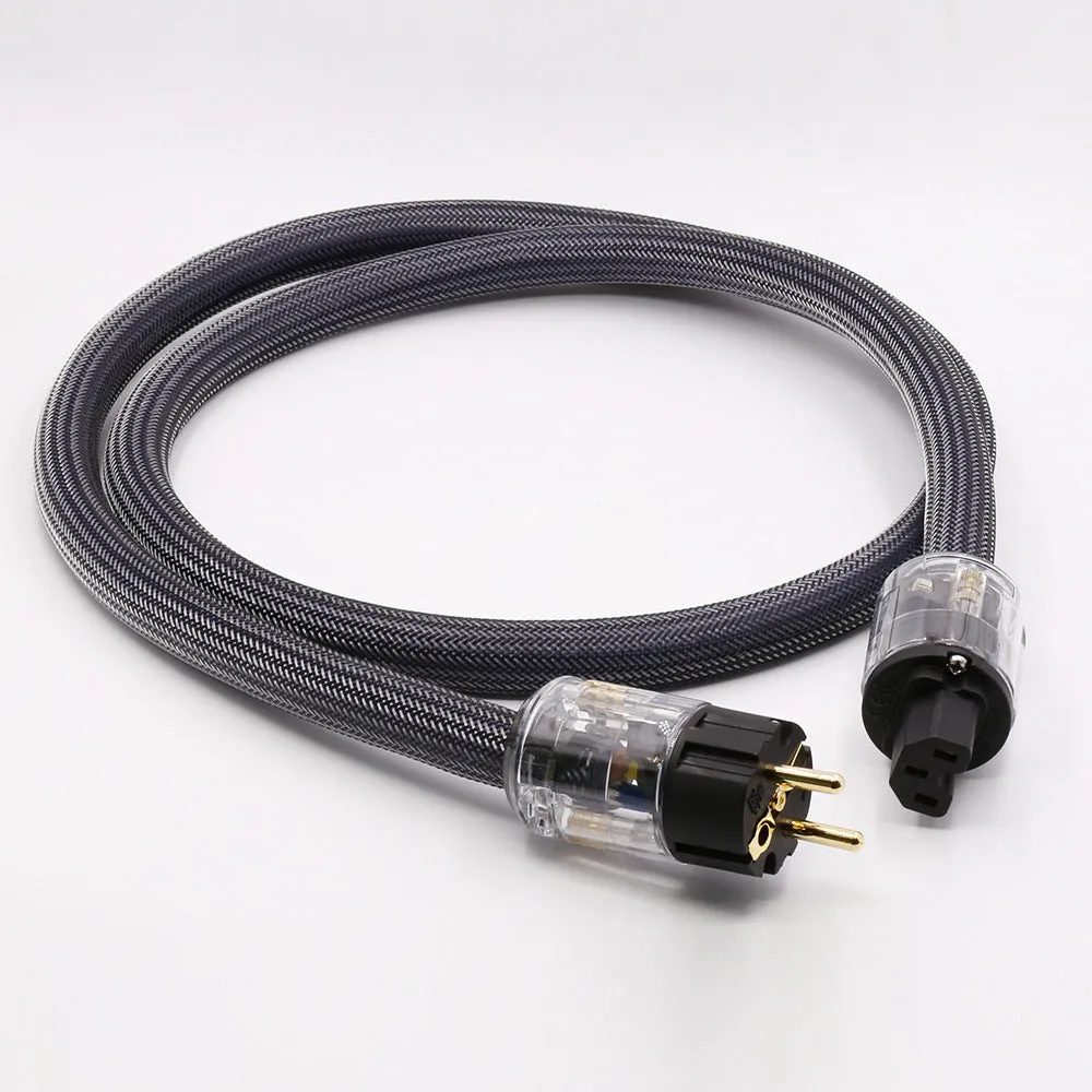 Hi-fi power cord with pure copper conductors, showing EU and US plug options.