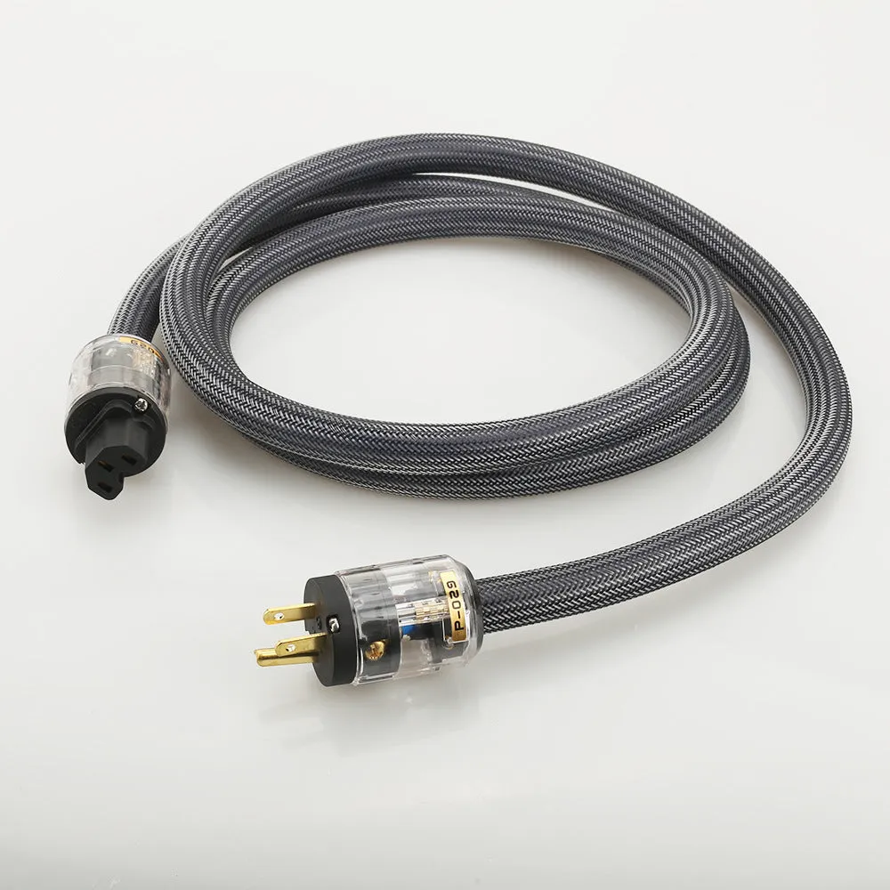 Hi-fi power cord with pure copper conductors, showing EU and US plug options.