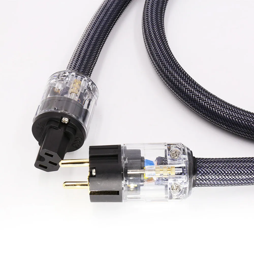 Hi-fi power cord with pure copper conductors, showing EU and US plug options.