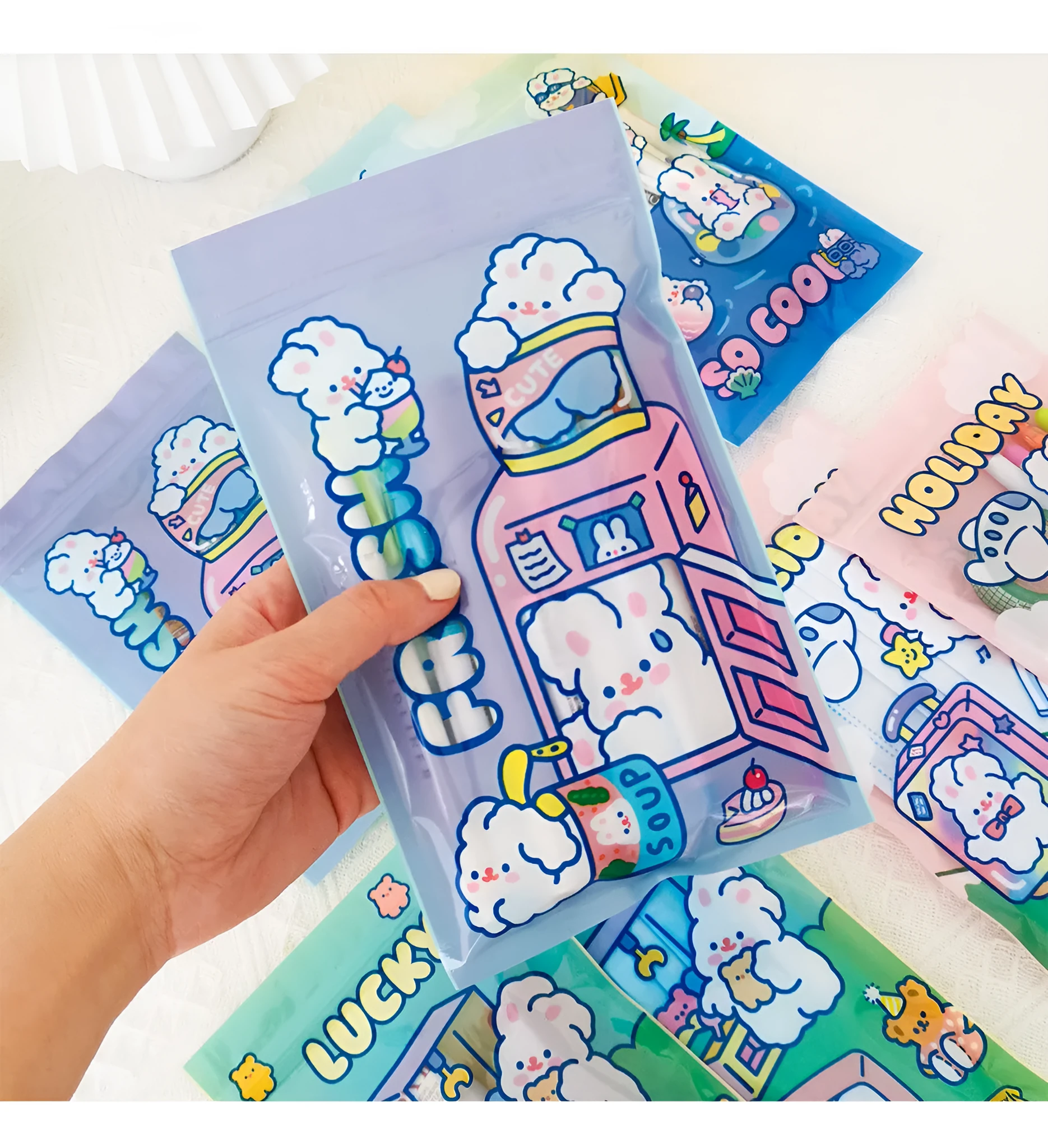 Rabbit-themed resealable plastic packaging bag in rectangle shape, showing one of four design options.