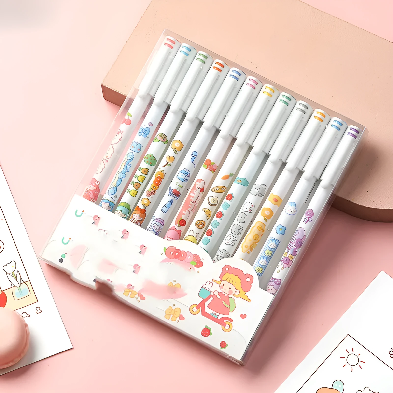 Twelve colourful gel pens with 0.5mm tips arranged in cartoon packaging for hand accounting