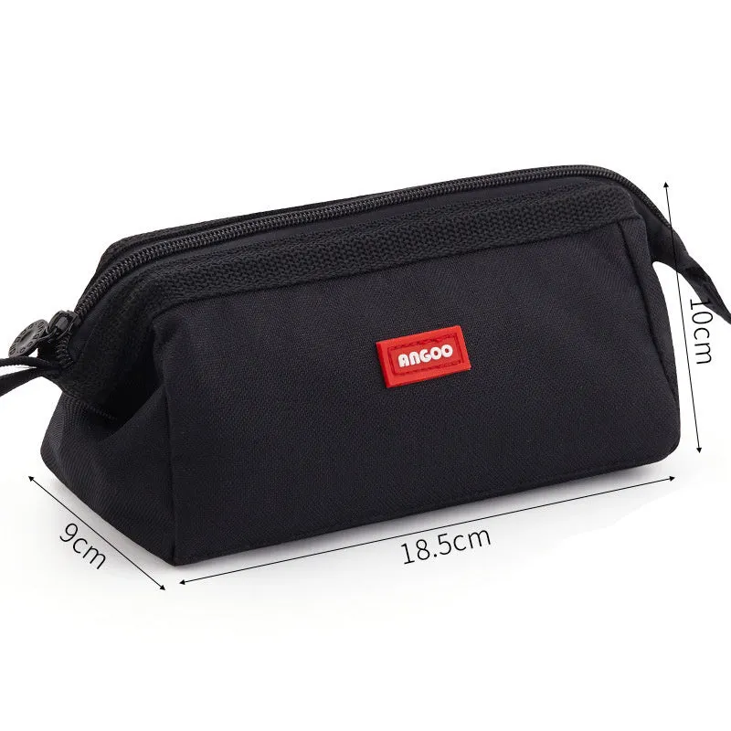 Large canvas pencil case with double zipper in yellow, black, or dark blue colour.