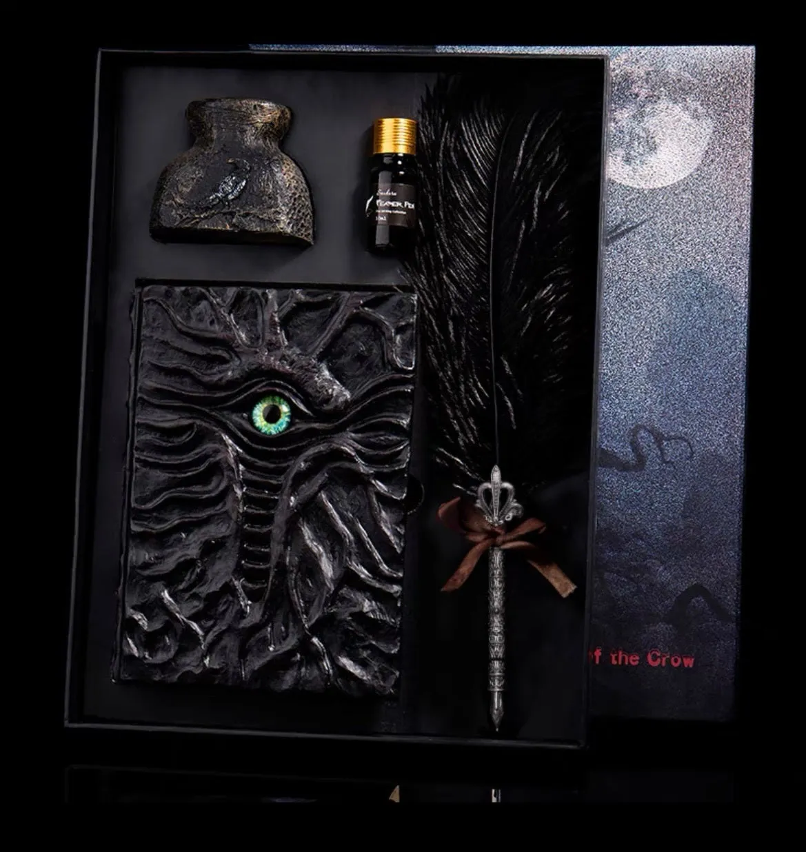 Demon Eye Cthulhu embossed notebook with dark kraft paper cover, open to show Daolin paper pages.
