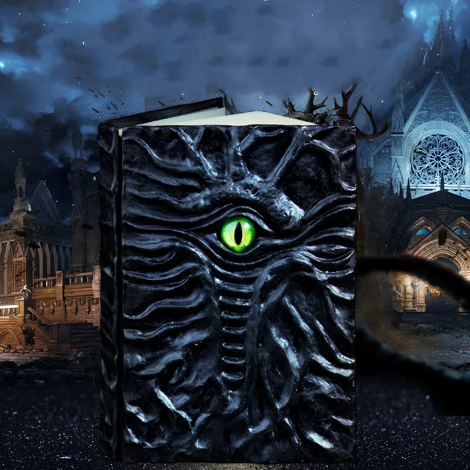 Demon Eye Cthulhu embossed notebook with dark kraft paper cover, open to show Daolin paper pages.