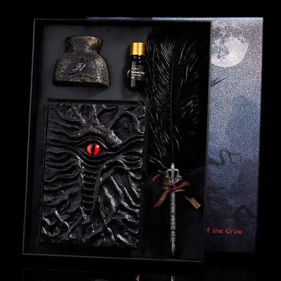 Demon Eye Cthulhu embossed notebook with dark kraft paper cover, open to show Daolin paper pages.